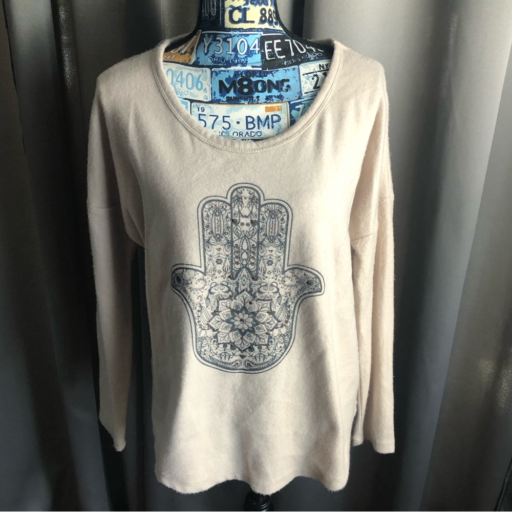 Tru Self Evil Eye Hand Boho Long Sleeve Soft Crew Neck Sweater Top